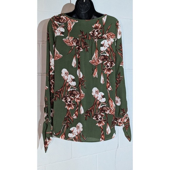 Lara Fashion Floral Print Long Sleeve Blouse Olive Green Tie Cuff Top Small - Picture 3 of 5